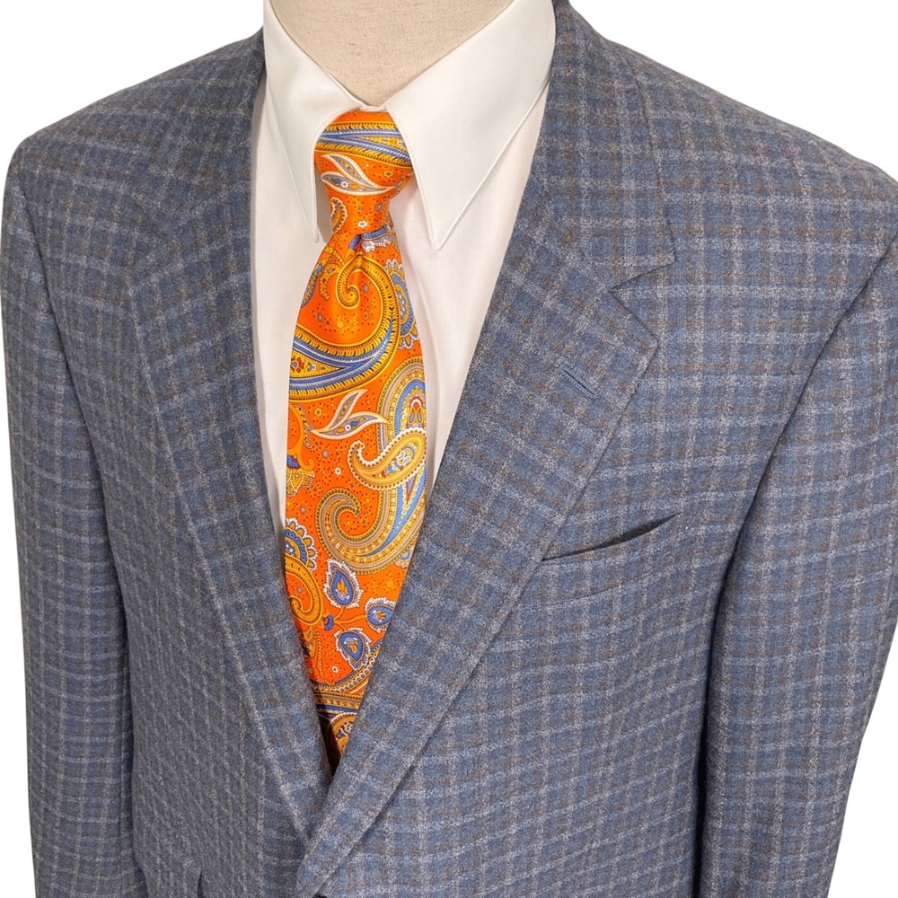 Coppley Blazer Mens 48R Blue Brown Plaid Bespoke Gibson Reda Super 130s Wool